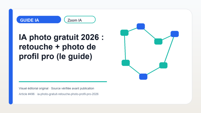 IA photo gratuit 2026 : retouche + photo de profil pro (le guide) — visuel éditorial Zoom IA