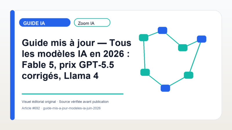 ↺ Guide mis à jour — Tous les modèles IA en 2026 : Fable 5, prix GPT-5.5 corrigés, Llama 4 — visuel éditorial Zoom IA